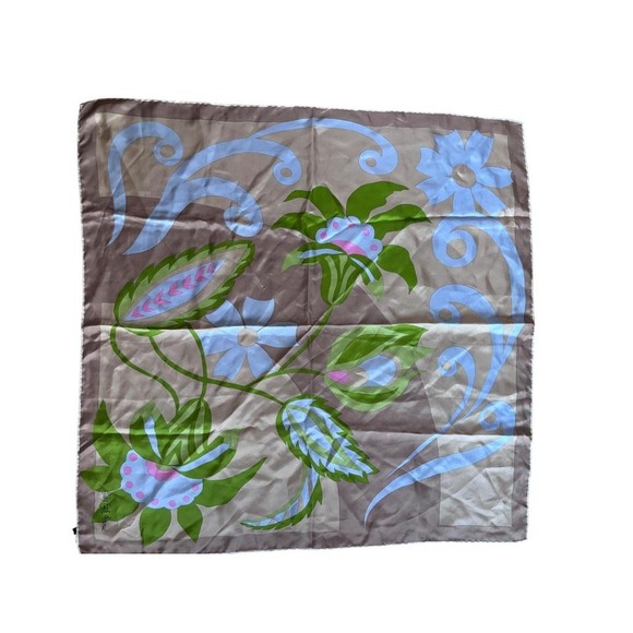 Vintage Saks Fifth Avenue Silk Scarf Brown Green Blue Floral Print Made in Italy